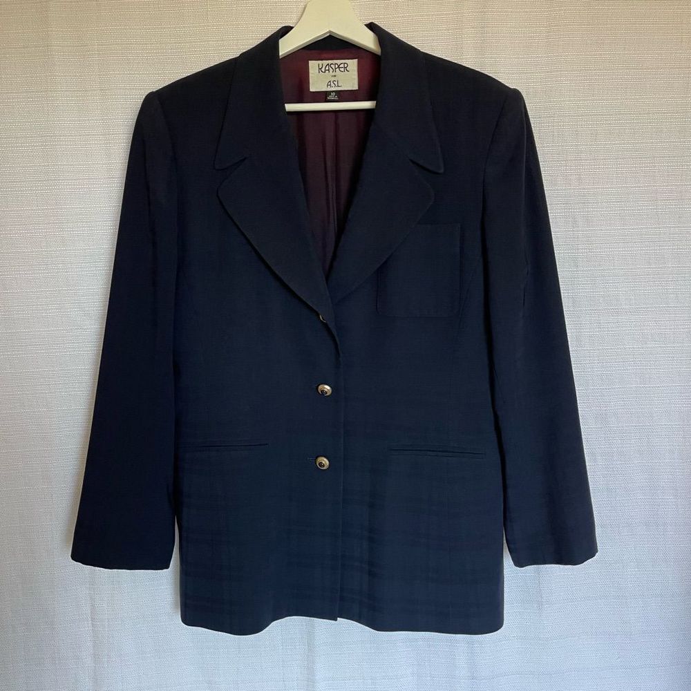 Vintage Kasper for ASL Blazer Wool Blend Plaid Navy Blue Sz 10